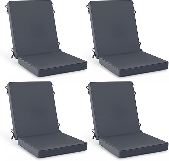 Summsun 4 Pack High Back Outdoor Chair Cushions, Water Resistant Patio Seat Cushion Set with Ties, Removable Covers, Non-Slip Bottom for Garden Lawn Patio Furniture, 44 x 20 Inch, Dark Grey