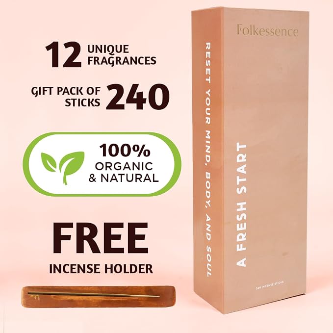 Folkulture Incense Sticks (240Sticks) | Pack of 12 Premium Incense for Graduation Gifts Yoga Meditation, Aromatherapy | Organic, Non Toxic, 45 Mins, Long Burning Palo Santo, Sandalwood, Insence-Sticks