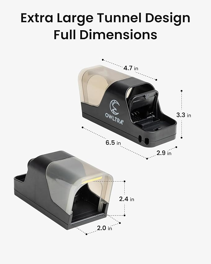 OWLTRA in-/Outdoor Safe Extra Large Plastic Tunnel Snap Rat Trap 2PCS, Instant Kill Rodent Snap Trap with Clear Tunnel Entry, Touch-Free Release, and Powerful Snap, Black