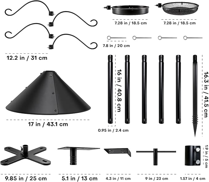 92 Inch Squirrel Proof Bird Feeder Pole with X shape Base Plate, Heavy Duty 1 Inch Dia Bird House Pole, Adjustable Multi-Hook Bird Feeding Station with Squirrel Baffle, Water Bowl & Mesh Tray