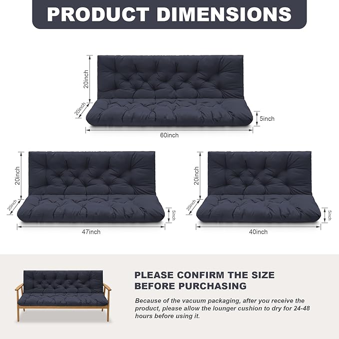 Porch Swing Cushions,Outdoor Cushions 3 Seater Replacement with Backrest, Waterproof Thickened Bench Cushion with Ties for Porch, Patio,Outdoor, Backyard and Garden (Navy Blue 47 * 40 in)
