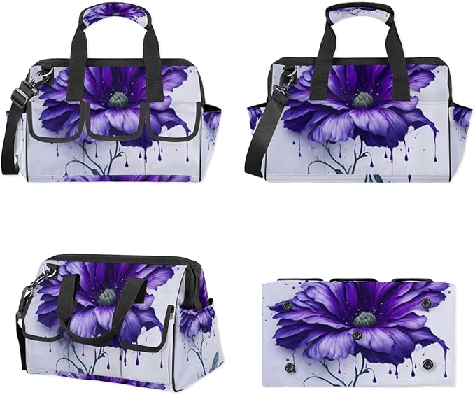 15 Inch Tool Bag 14-Pockets Tool Box Organizer for Men Big Floral Purple Tool Tote Bag Waterproof Toolbox with Shoulder Strap Heavy Duty Garden Tool Organizer for Mechanic