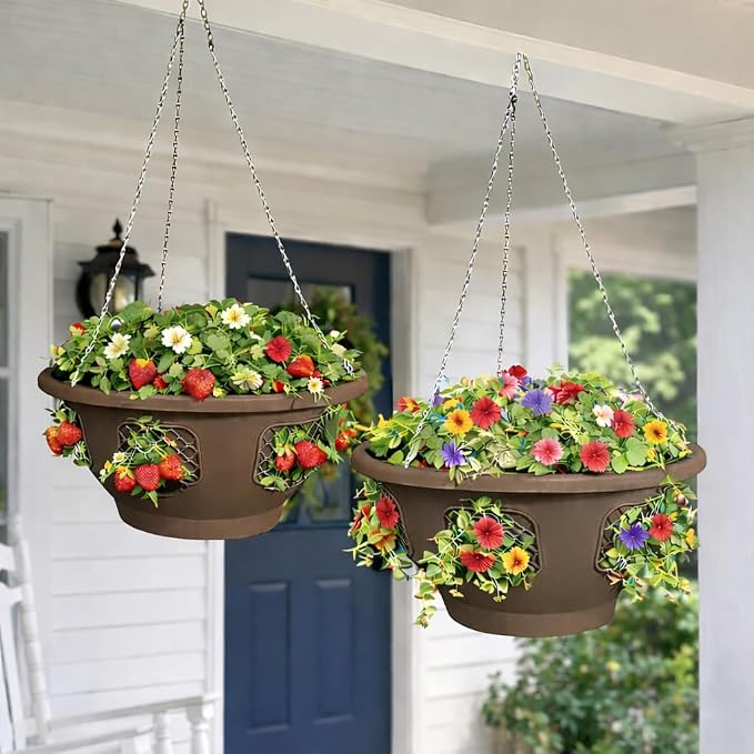 Ultimate Hanging Baskets - Strawberry, Tomato, Flower, and Herb Outdoor Planters - Use Garden Pots for Growing Plants Outside On A Deck, Fence, or Balcony (Mocha 2pk)