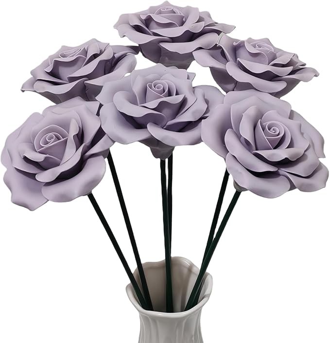 Handmade Porcelain 3D Ceramic Rose Flower, Eternal Flower Decoration for Home Office Decor, Creative Desktop vases, Porcelain Decorations, Exquisite, Set of 6 (Purple)