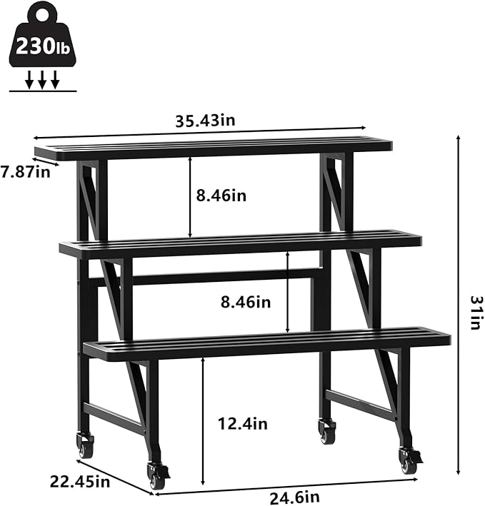 Metal Plant Stand with Wheels, 3-Tier Plant Rack,35.43" Wide Indoor Outdoor Flower Pot Rack, Black, 230 lb Capacity for Patio, Balcony, Living Room