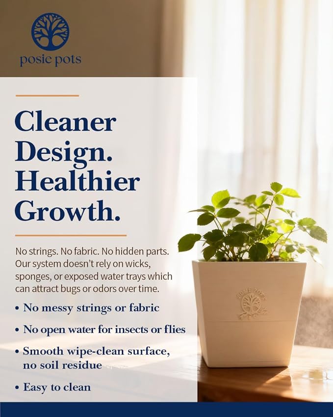 Posie Pot Medium Twisted Square - Self Watering Planter 5x5 Inch - Indoor Plant Pot with 30 Day Reservoir - 3D Printed Bioplastic - No Guilt Plant Care - Made in USA, White