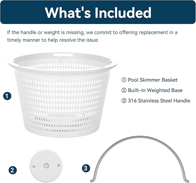 Pool Skimmer Basket for Inground Pools, Heavy-Duty with 316 Stainless Steel Handle & Built-in Weight, Compatible with Hayward SP1070/SP1070E Pool Basket and Pentair U-3 Skimmer Basket