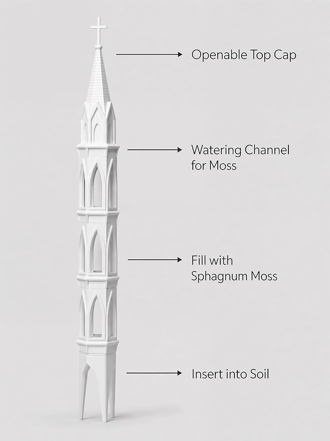 Gothic Tower Self-Watering Moss Pole for Monstera, 3D Printed Stone Texture Plant Support Stake for Climbing Plants, Indoor Plant Trellis for Philodendron, Pothos, Vine Plants (Black)