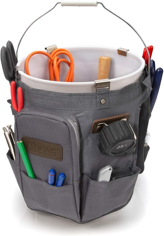 Estwing 28-Compartment 5-gallon Bucket Tool Organizer/Tool Bag, Durable Polyester, Heavy-Duty Steel Hangers, Zippered Pocket, 16 Open-top Pockets, 11 Tool Loops, Buckle Security Strap