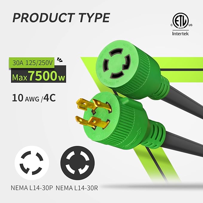 RVMATE 30 Amp Generator Cord 4 Prong 100 Feet, NEMA L14-30P/L14-30R, 125/250V Up to 7500W 10 Gauge SJTW Generator Extension Cord, ETL Listed