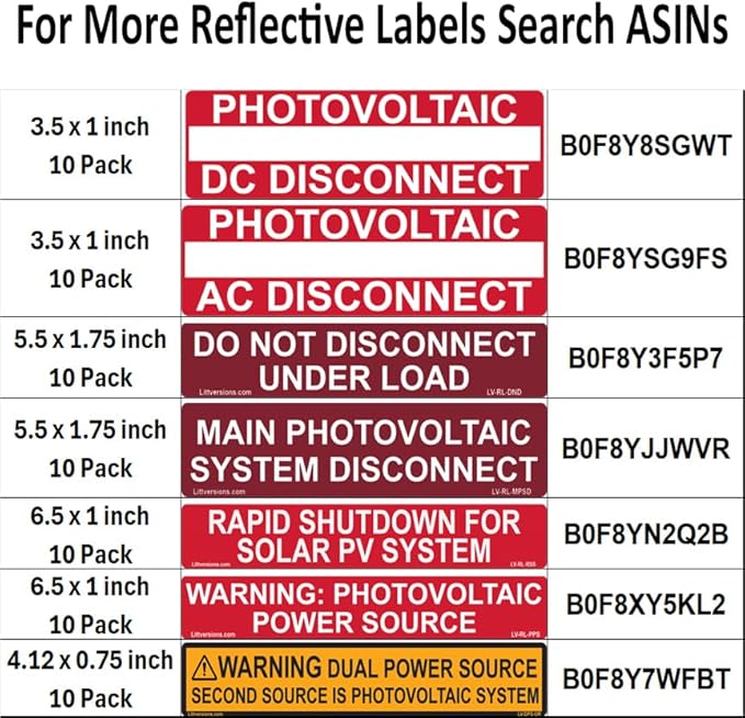 Ultimate 115 Pack 2017/2020/2023 NEC Code Compliant Photovoltaic Solar System Label Kit Electrical Panel Safety Stickers Outdoor Rated Laminated Strong Adhesive Waterproof