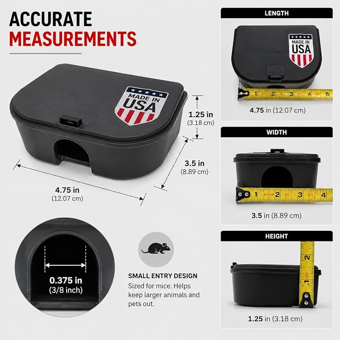 Exterminators Choice Compact Mouse Bait Station - Compact Outdoor Mouse Bait Box - Lockable Design with Key - Versatile Indoor & Outdoor Use - Pack of 12, Black, 4.75in x 3.5in x 1.25in.