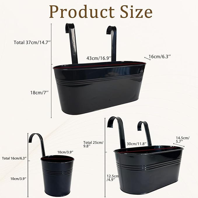 Set of 12 Balcony Hanging Planters, 4 Pcs 17" Metal Railing Flower Pots & 4 Pcs 12" Deck Planter & 4 Pcs 4" Fence Pot for Outdoor Patio Garden Décor, Black