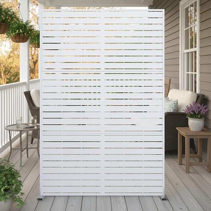 Privacy Screen Outdoor Metal Fence Panel, 72" H x 47" W Freestanding Decorative Privacy Fence for Patio, Deck, Balcony, Backyard, Garden with Stable Base