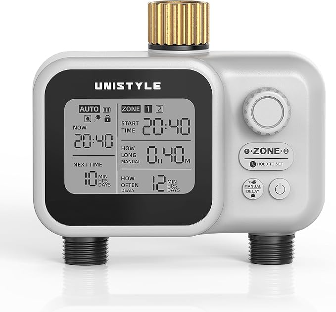[All-New 2027] 2 Zone Ball Valve Sprinkler Timer Brass Inlet, Low-Pressure Starts at Zero Pressure, Unistyle Water Timer for Garden Hose, Rain Delay, Manual Control, Automatic Irrigation Hose Timers
