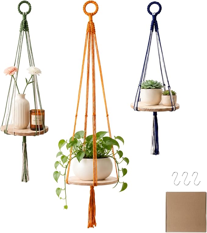 Artilady 3 Pack Hanging Planter with Wood Shelf, Macrame Plant Hanger for Indoor Boho Plants Basket Holder for Window Balcony Kitchen