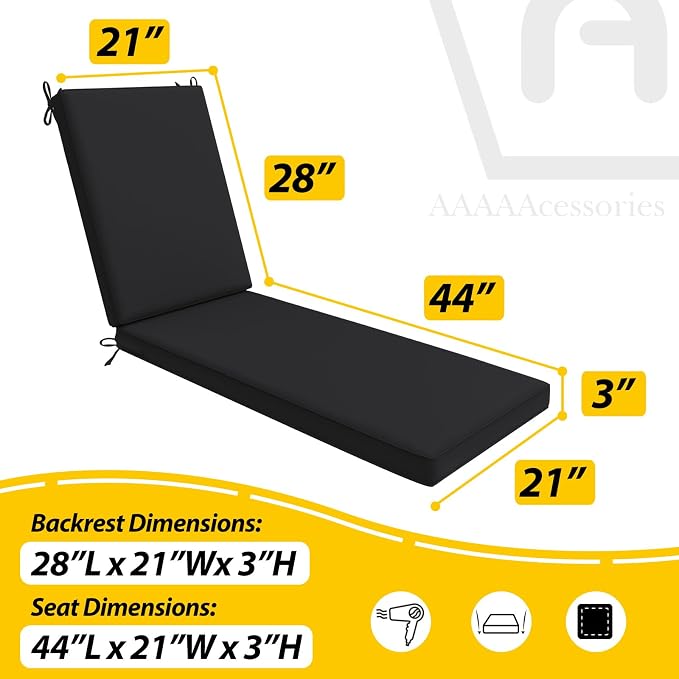AAAAAcessories Outdoor Chaise Lounge Cushions, Fade-Resistant, Waterproof Patio Furniture Replacement Cushions, 72" x 21" x 3", Black