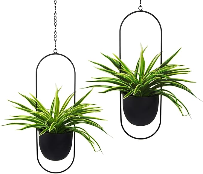 Modern Metal Hanging Planters with 6 Inch Pots and Sturdy Rods - Set of 2 Oval Geometric Plant Hangers - Black Wall and Ceiling Mount Flower Holders for Indoor and Houseplants
