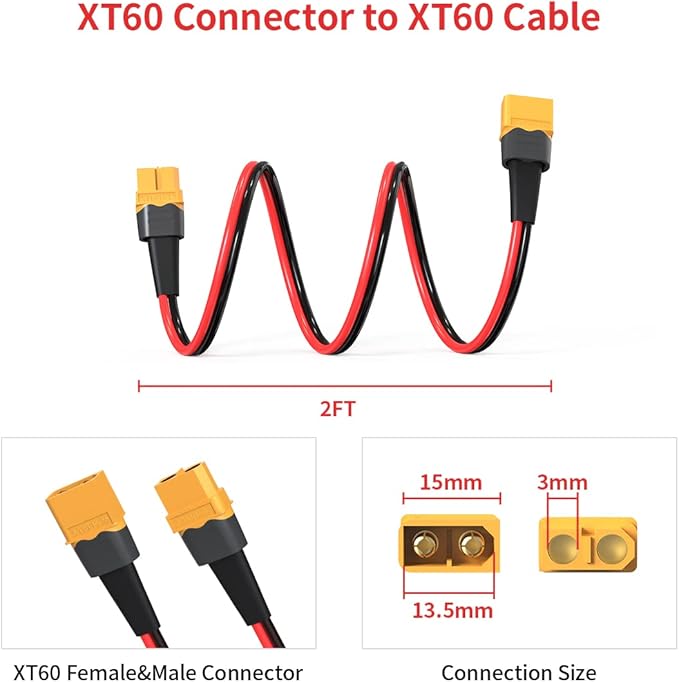 ELFCULB 10AWG 2FT XT60 Extension Cable 2 6 10 20 35 50 75 100FT XT60 Female to Male Connector for RC Battery Portable Power Station Solar Panel(2FT)