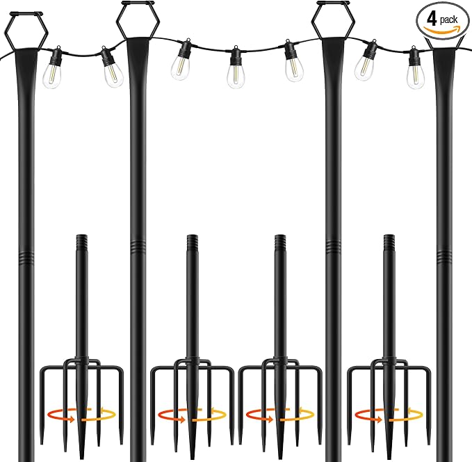 4 Pack String Light Poles for Outside, 10Ft Light Poles for Outdoor String Lights, Adjustable Outdoor String Light Poles with Fork,Metal Fence Post for Patio,Backyard,Deck