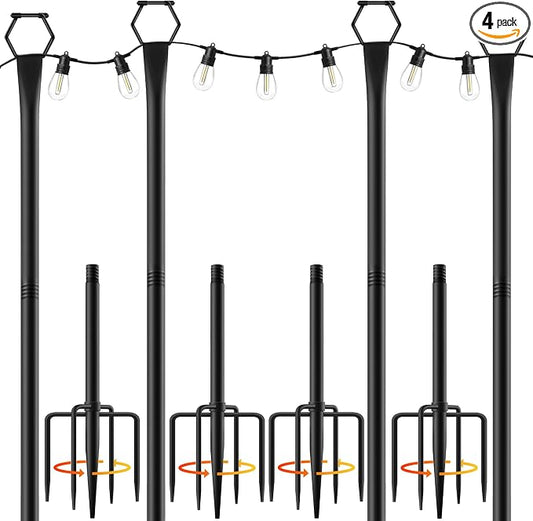 4 Pack String Light Poles for Outside, 10Ft Light Poles for Outdoor String Lights, Adjustable Outdoor String Light Poles with Fork,Metal Fence Post for Patio,Backyard,Deck