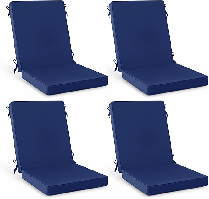 Summsun High Back Patio Chair Cushions Set of 4, Outdoor Dining Seat Cushion with Splash-Proof Removable Covers, Ties, Non-Slip Bottom for Garden Lawn Patio Furniture, 44 x 20 Inch, Navy
