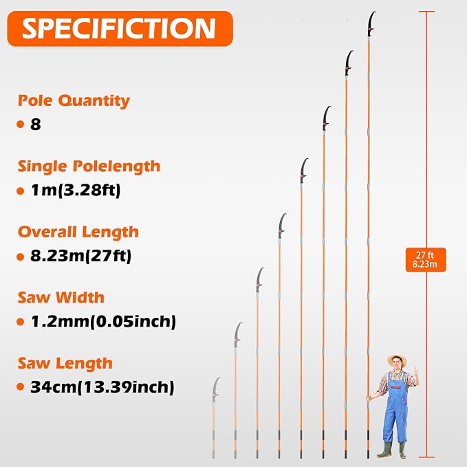 Grefinity Manual Pole Saw, 27 Ft Tree Trimmer, Extendable Pole Saws for Tree Trimming, Sharp Blade and Heavy Duty Scissors, for Backyard and Garden Pruning Palms & Shrubs, Orange