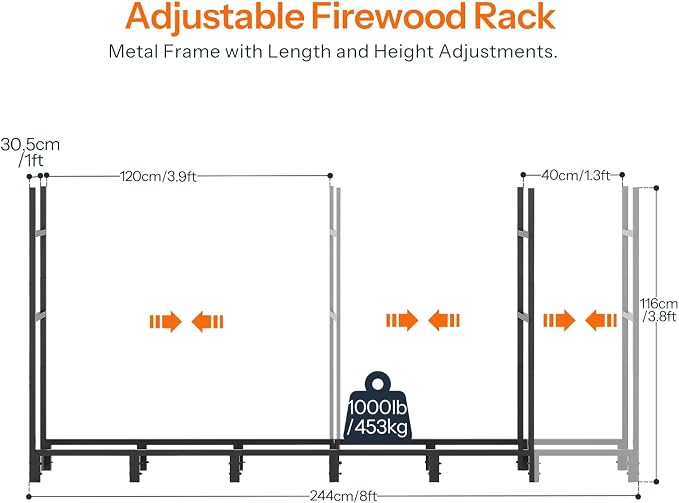 HOOBRO 8FT Firewood Rack with Cover, Outdoor Firewood Log Rack, Adjustable Log Holder with Waterproof Cover, Fireplace Wood Storage, Heavy Duty Wood Holder, for Indoor and Outdoor, Black BB02CH02