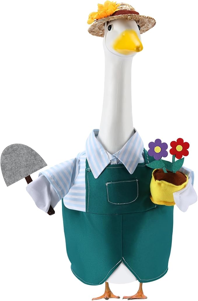 Gardener Porch Goose Outfits for 23 Inch Lawn Statue, Spring Gardener with Flower Pot and Shovel Costume for Plastic/Cement Statue, Summer Sculpture Clothes for Yard Patio Party Decoration