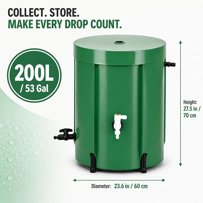 Collapsible Rain Barrel 53 Gallon, PVC Rainwater Collection Barrel with Spigot, Overflow & Mesh Screen — Portable, Foldable Water Storage Tank for Garden, Lawn & Outdoor Watering