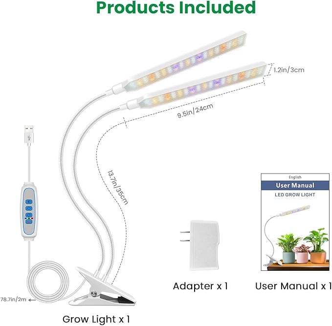 Aumtrly Plant Lights for Indoor Growing, 2 Head 114 LED Full Spectrum Clip on Grow Lights for Indoor Plants with 6/12/16H Timer, 5 Dimming, 3 Light Mode, White Gooseneck Grow Lamp