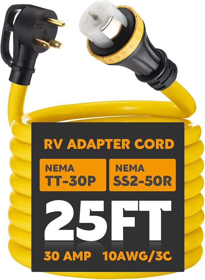 Tellegloww 25ft 30 Amp to 50 Amp RV Locking Adapter Cord Compatible with Nema TT-30P Male to SS2-50R, Locking Female Power Dog Bone Plug for RV Trailer Camper, STW 10 Awg/3c