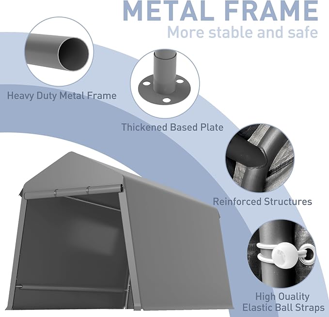 7X12FT Heavy-Duty Portable Outdoor Shelter Shed - Waterproof UV-Resistant Carport with Roll-Up Zipper Doors & Vents, Anti-Snow Motorcycle Garage Tent, Grey