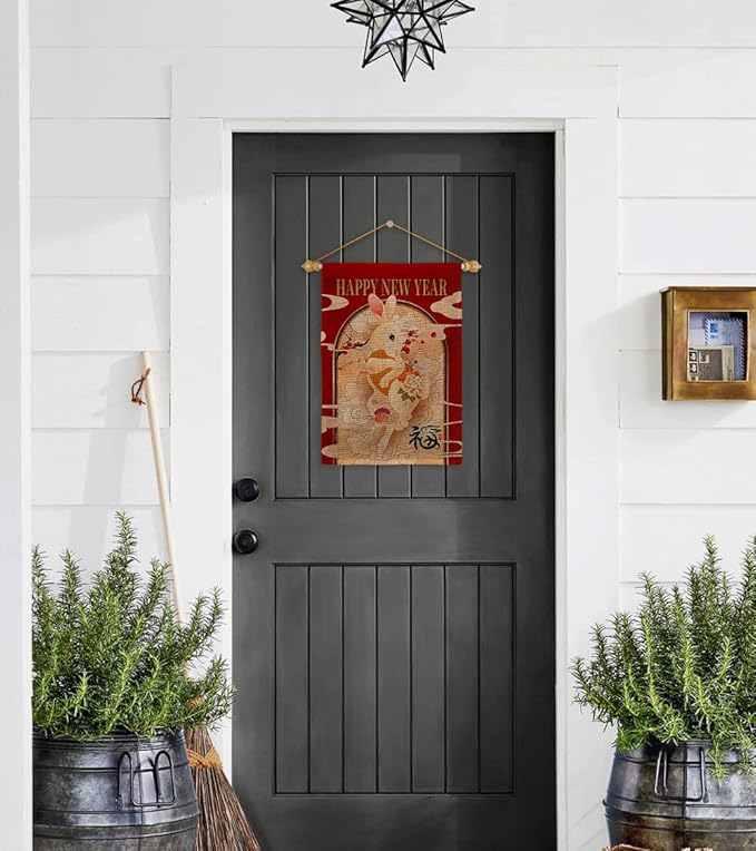 Lunar New Year of Rabbit Wall Tapestry Home Decor Burlap Banner Patio Porch Lawn Garden Flag Pole Room Decorations Indoor Outdoor Yard Sign Spring Gifts Prosperous Chinese Decoration Made in USA