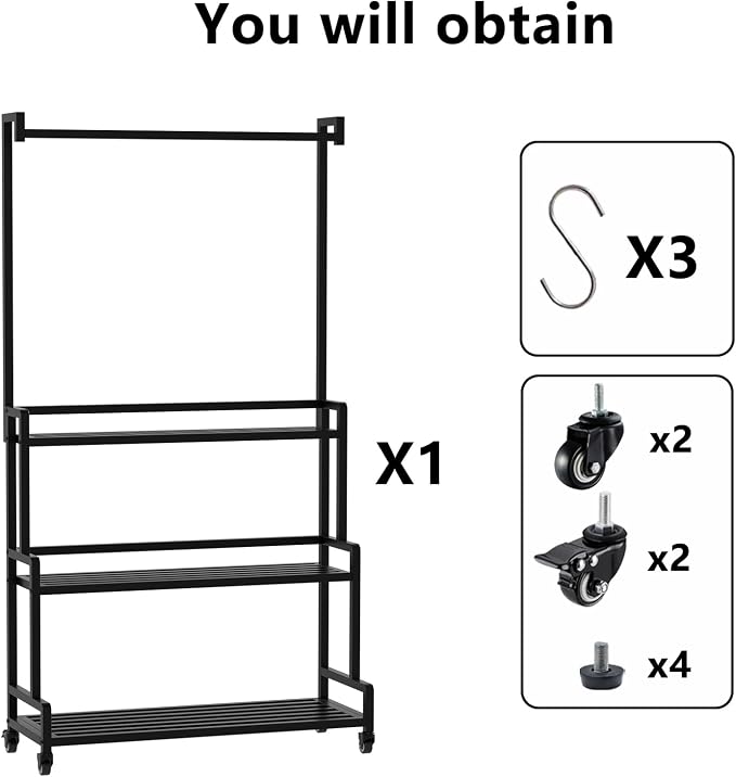 3 Tier Rolling Plant Stand with 3 S-Hooks, 70" Tall Heavy Duty Metal Plant Shelf with Lockable Wheels, Black Curved Corner Plant Display Rack for Indoor Outdoor Patio Balcony Garden (With Hook)