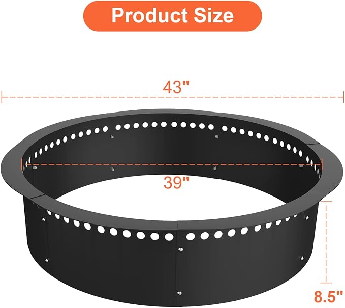 Smokeless Fire Pit Ring, 43 inch Outer/39 inch Inner Heavy Duty Large Solid Steel Firepit Liner for Outside Wood Burning, DIY Campfire Ring Above or In-Ground for Outdoor