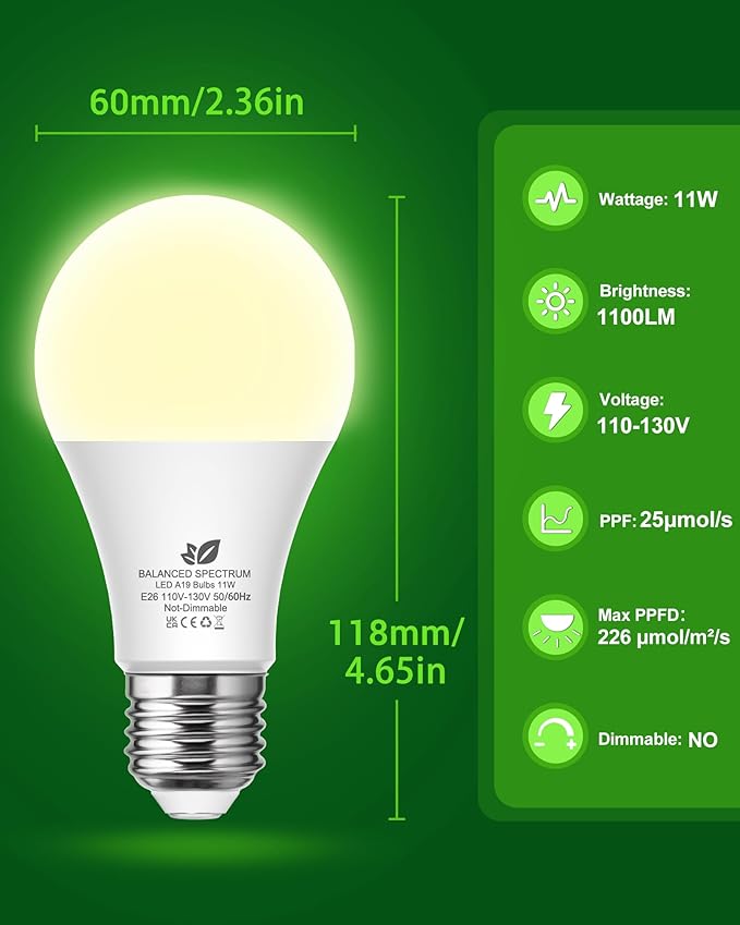 Flaspar Grow Light Bulbs A19 LED, Full Spectrum Plant Light Bulb for Indoor, E26 Base 11W Grow Bulb 100W Equivalent, Plant Lights for Indoor Growing, Flowers, Greenhouse, Seed Starting, 3 Pack