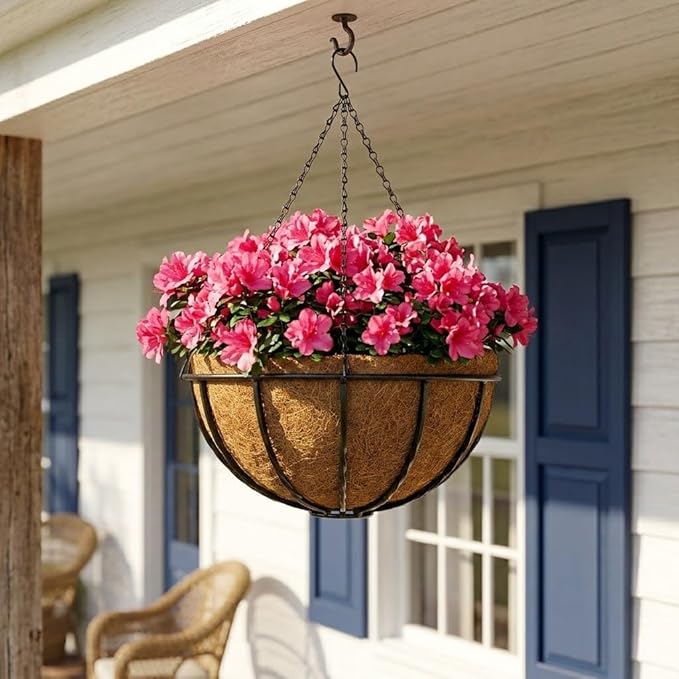 14 Inch Metal Hanging Basket with Coco Coir Liner for Flowers Planting, 2 Pack Hanging Baskets for Plants Outdoor, Round Wire Twisted Planters with Chain for Home Patio Porch Balcony Garden Decor