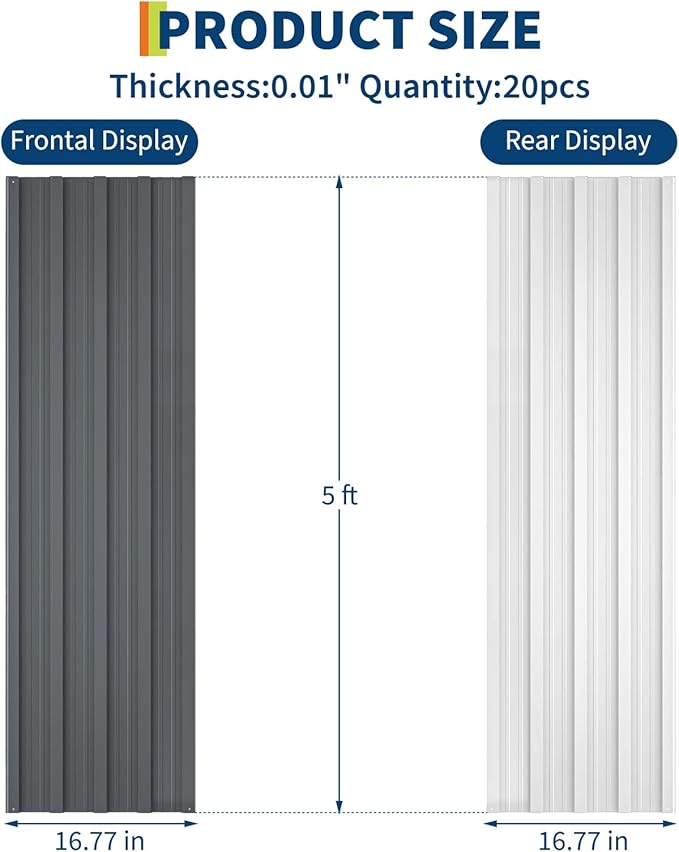 GarveeLife 20Pcs Metal Roofing Panels for Carport, Heavy Duty Metal Carport Kits, Galvanized Steel Corrugated Panels, for Patio Outdoor Garden, 60.63 in x 16.8 in