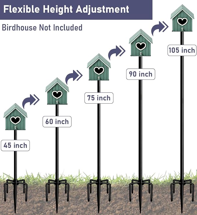 105 Inch Smart Bird Feeder Pole with 5-Prong Base, Adjustable Bird House Pole Mount Kit for Outdoors, Heavy Duty Bird Feeder Stand for Wild Birds Watching, Black