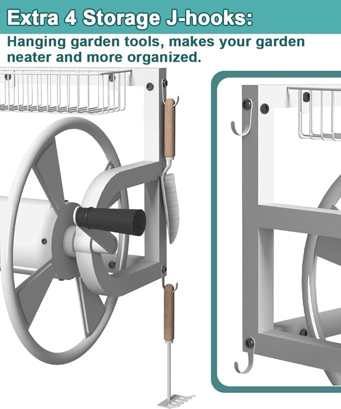 Artigarden Outdoor Wall Mounted Hose Reel with Hook, Garden Heavy-Duty Water Hose Holder Winder with 3.9 ft Leader Hose, Brass Fitting and Storage Basket for Yard, Holds 125 Ft of 5/8-Inch Hose, White