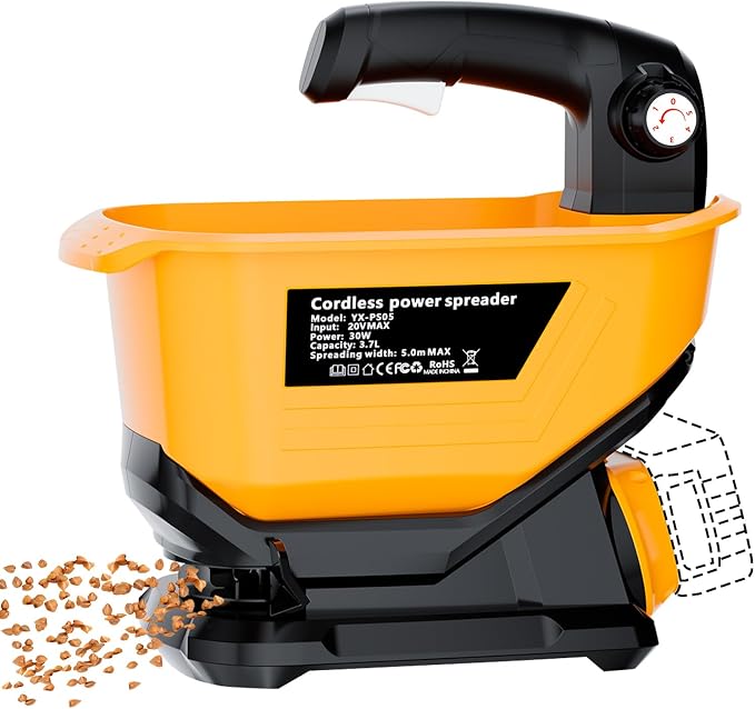 Seed Spreader Fertilizer Grass Seed Spreader Cordless Compatible with Dewalt 20V Battery, Salt Spreader for Snow 3.7L Handheld, All-Season Use [ Battery Not Included ]