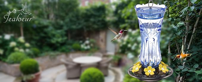 Jealoeur Hummingbird Feeder for Outdoors Hanging, 18 OZ Humming Birds Feeders with 6 Bee Guard Feeding Ports & Built-in Ant Moat, Easy to Clean, Durable Outdoor Garden Decor, Blue