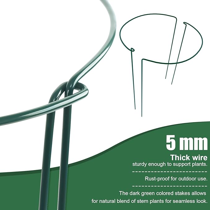 FEED GARDEN Peony Cages and Supports, 6 Pack Plant Support Stakes for Outdoor & Indoor Plants, 10" W x 16" H Half Round Garden Plant Support Rings for Peonies, Hydrangeas, Roses, Dahlias