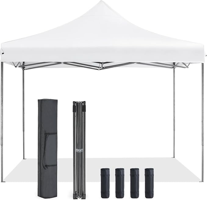 OLIXIS 10x10 Ft Pop Up Canopy Tent, Waterproof Portable Outdoor Shade Canopy with Sand Bags for Beach, Backyard Parties & Events, Pure White