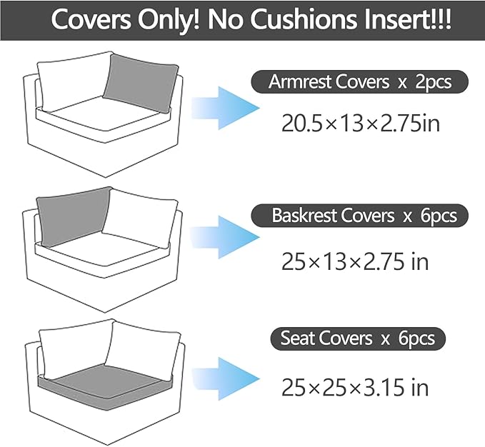 14Pcs Outdoor Cushion Covers Replacement Washable Waterproof UV w/Zipper for 6-Seaters Sofa Patio Slipcovers Set Seat and Back Covers Only (Blue Charming, 25x25x3.15inch)