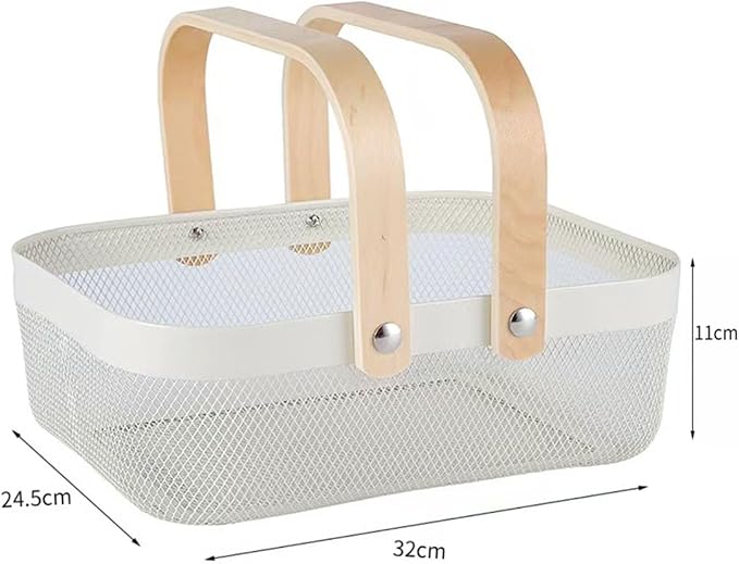 AJIODA Metal Mesh Steel Basket, Storage Organizer Basket Garden Harvest Basket Multi-functional Kitchen Fruit Baskets Bin with Wooden Handle for Bathroom Picnic Shopping Decor Cabinet Home, White