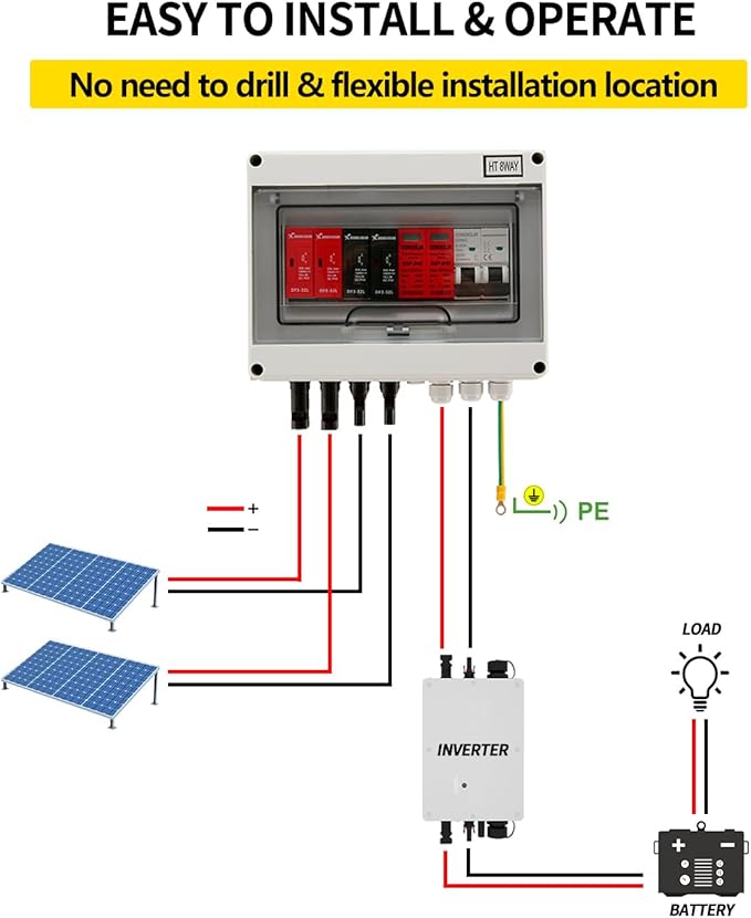 VOU 600V Solar DC PV Combiner Box,2 String with Lightning Arrester Connector for On/Off Grid Solar Panel System,2 Input 1 Out 15A Rated Current Fuse,63A Circuit Breaker,IP65 Waterproof,MCB,SPD