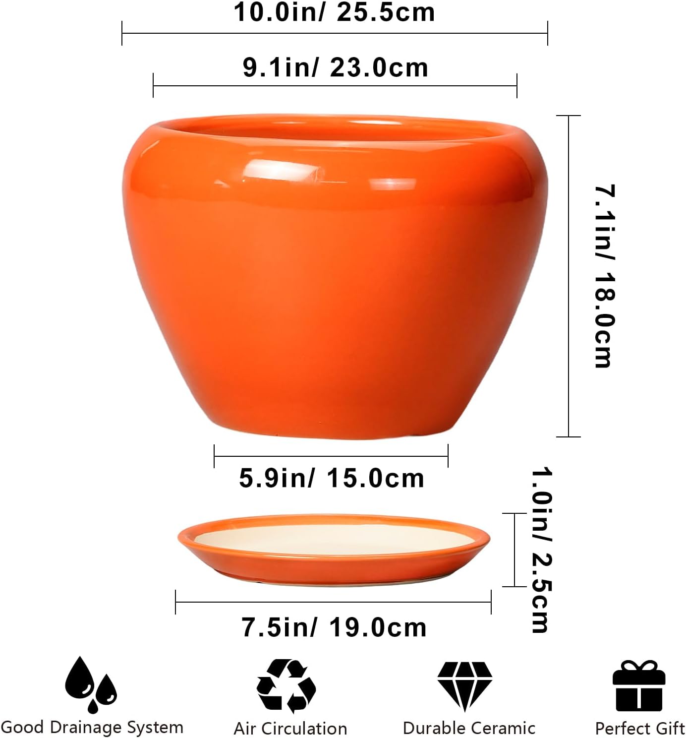 Ceramic Pot for Plants - 10 Inch Plant Pot with Drainage Hole and Saucer, Modern Round Glaze Planter for Indoor Outdoor Plants, Plant Lover Gifts, Home Garden Office Decor, Orange