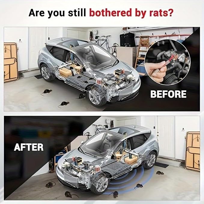 2 Pcs Battery Powered Ultrasonic Rodent Repeller for Car Engines – Under Hood Mouse Deterrent for Cars, Garages, Basements, and Warehouses